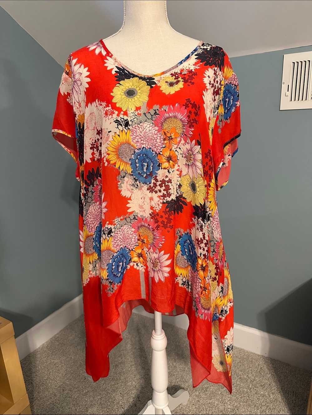 Johnny Was Red Floral V-Neck Tunic with Multicolor Blooms